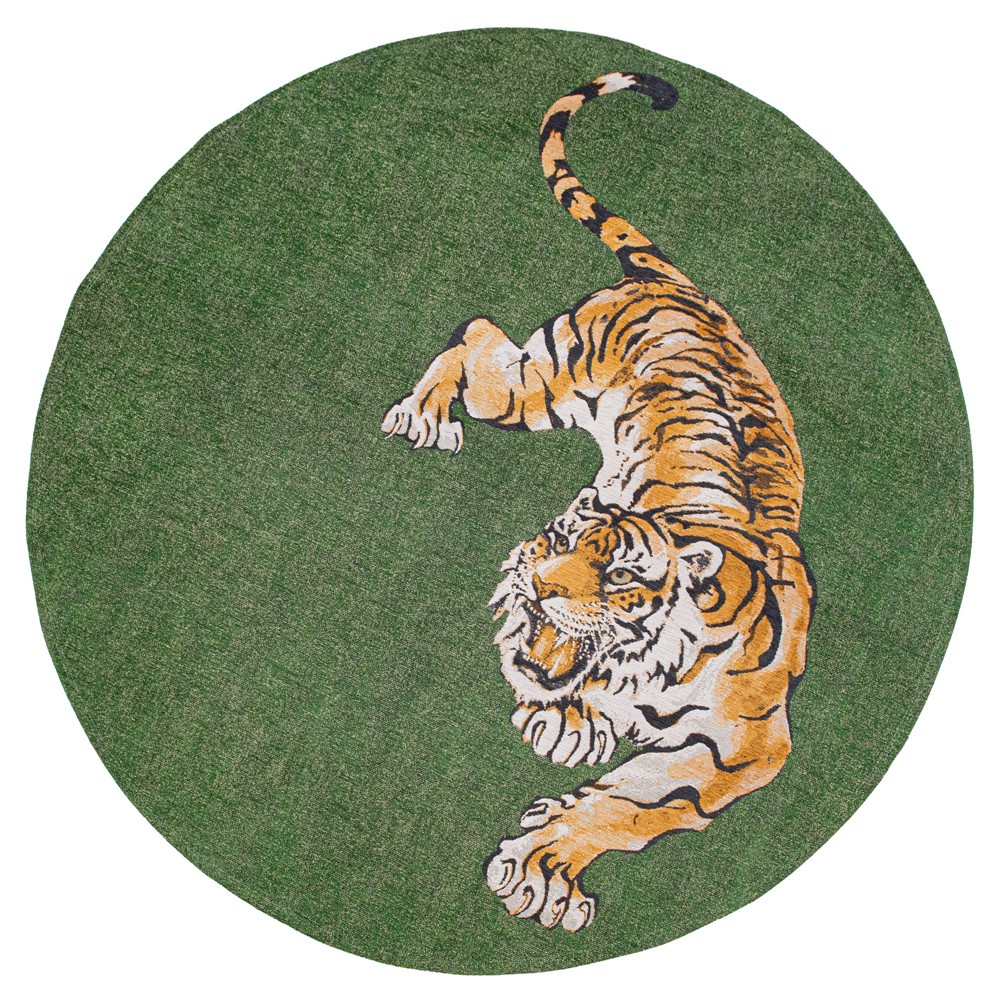 Louis De Poortere Designer Tiger 9388 Circle Rugs in Green On Fire